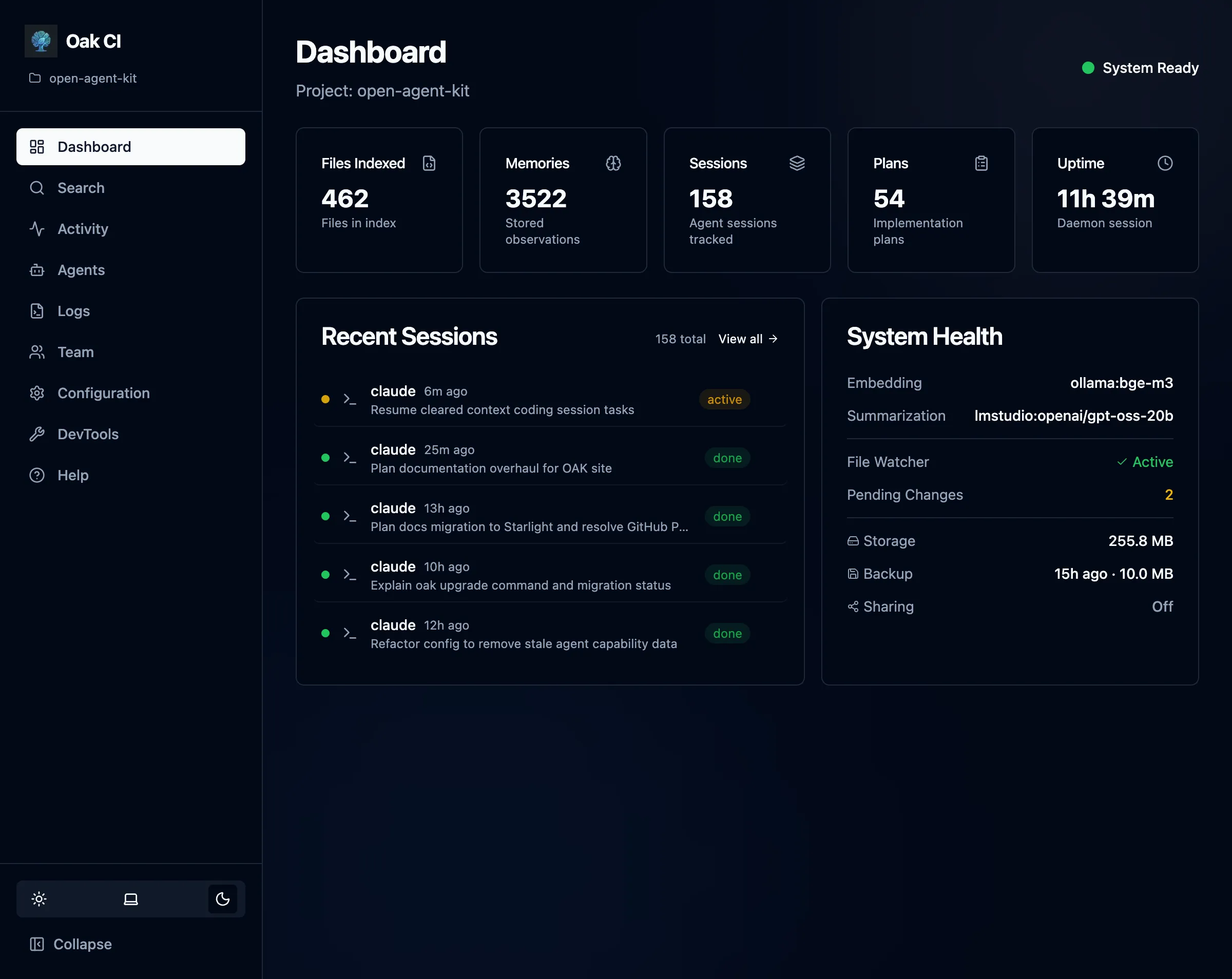 The OAK Dashboard showing project stats, recent sessions, and system health